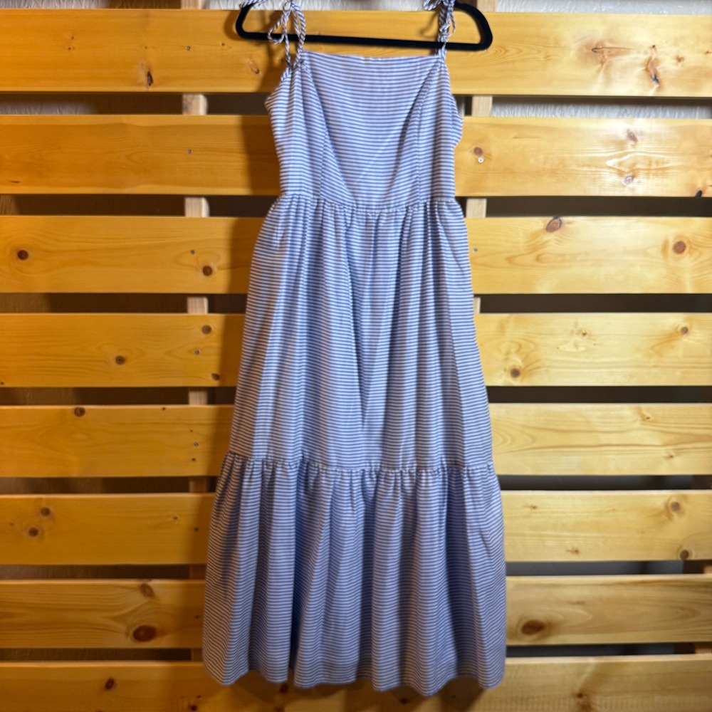 Gianni Bini Tiered Midi Dress Womens 8 Blue White Striped Tie Strap Sundress